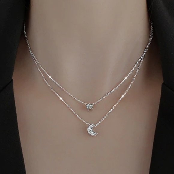 *925 Sterling Silver Diamond Moon Star Necklace C2 - Picture 1 of 12